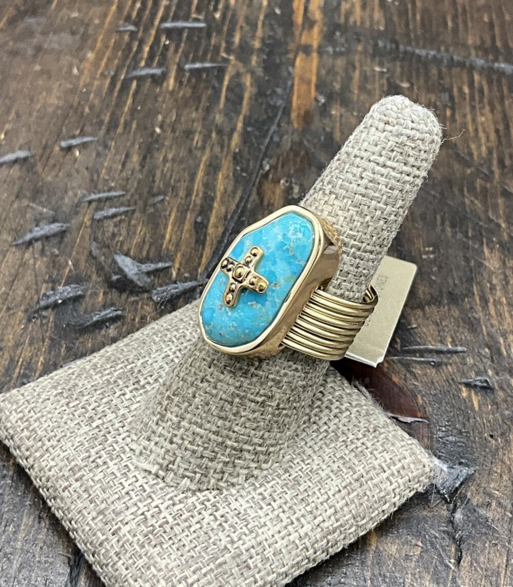 Barse Nailhead Cross Thread Ring- Turquoise- Bronze- 8-NWT